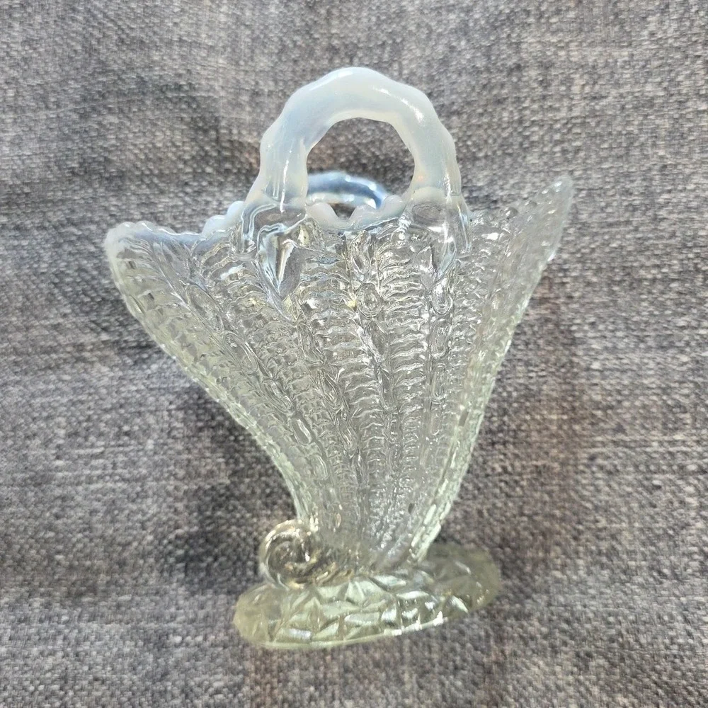 Fan Vase Clear Opalescent Art Glass Handled